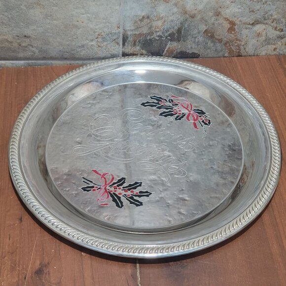 International Silver Plated Seasons Greetings Metal Serving Platter Holly Berrie - Picture 13 of 14